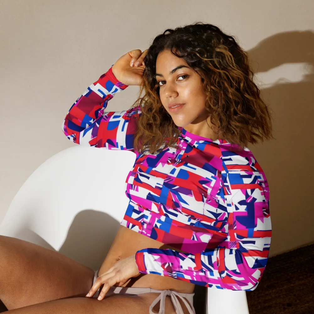Hot Pink Geometry on Long Sleeve Crop Top — Left Front