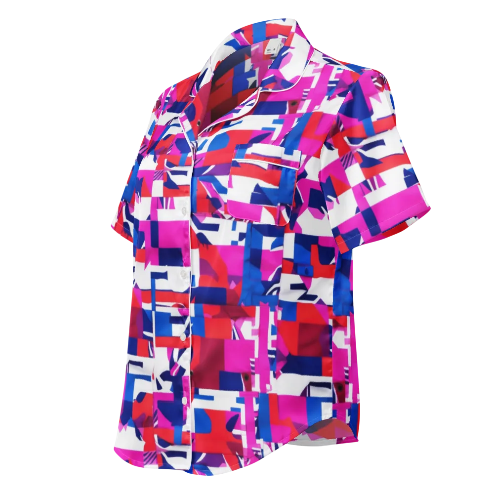 Hot Pink Geometry on Women's Short Sleeve Pajama Top — Left Front