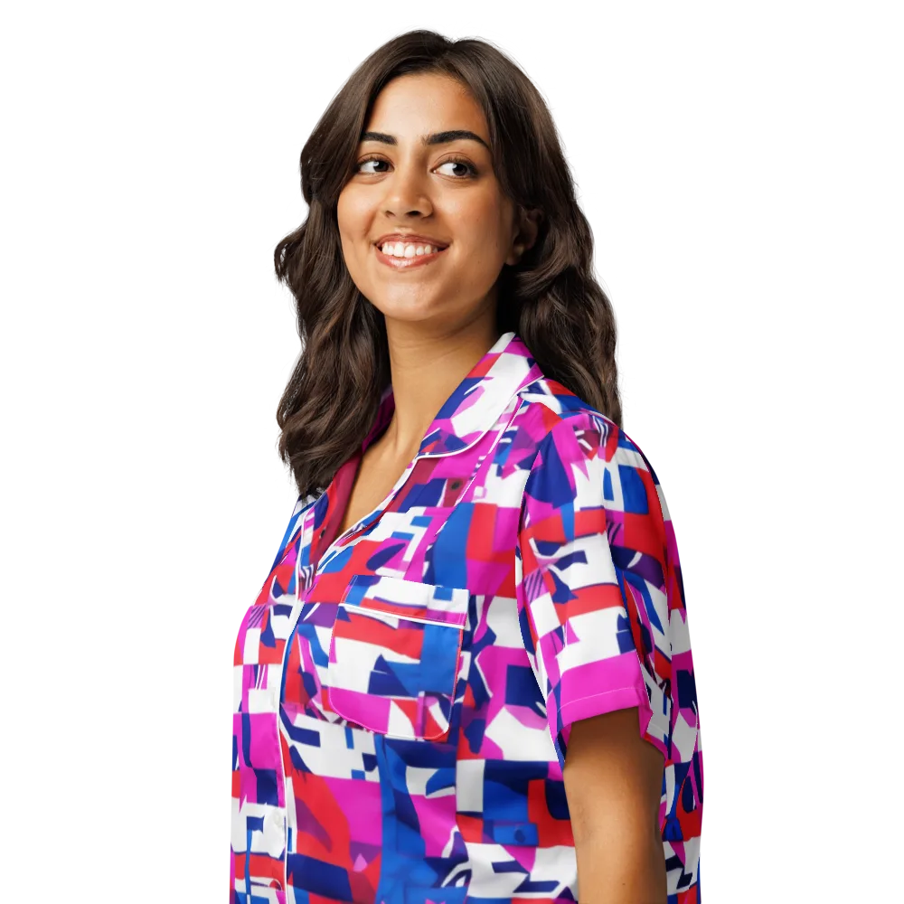 Hot Pink Geometry on Women's Short Sleeve Pajama Top — Left Front