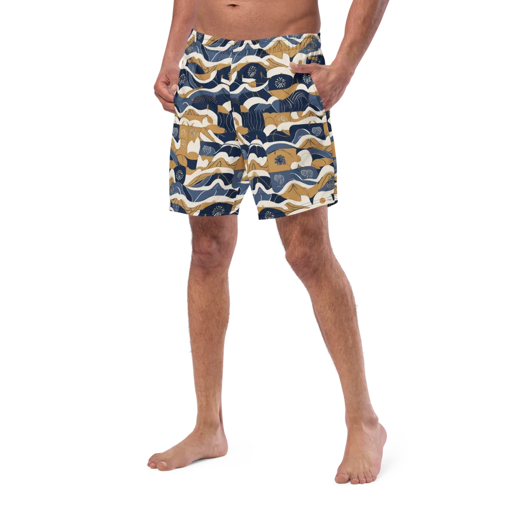 Indigo Tide Almanac on Swim Trunks — Left Front
