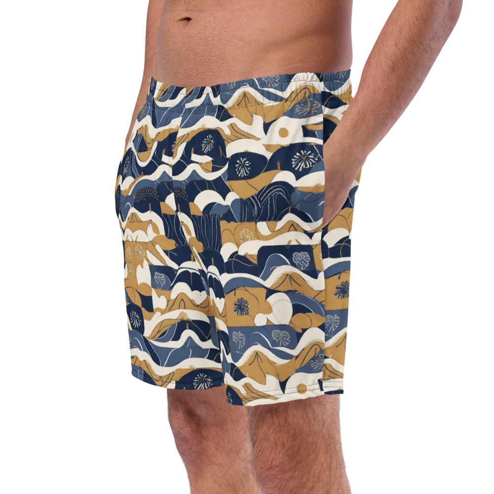 Indigo Tide Almanac on Swim Trunks — Left Front