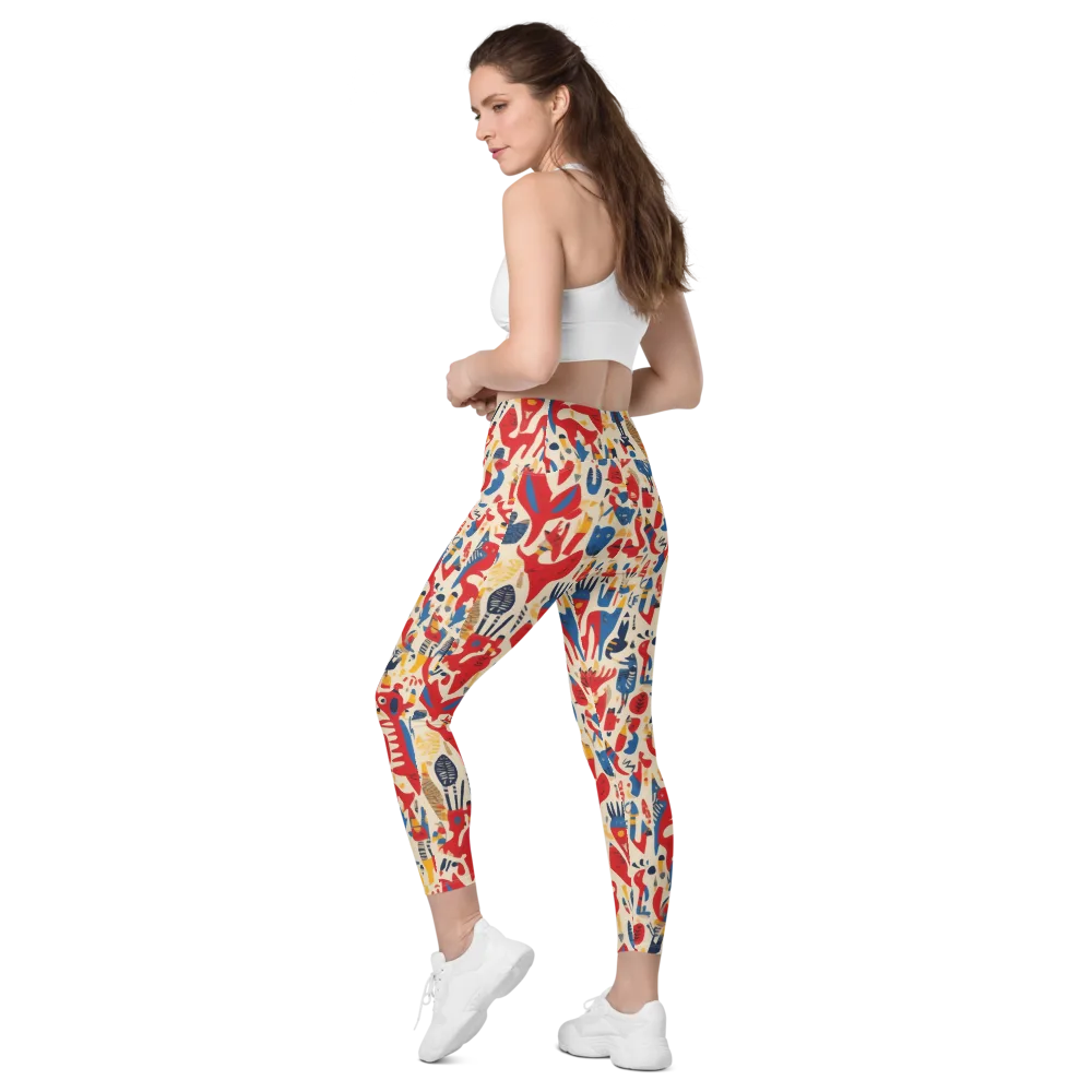 Red Tide Menagerie on Leggings with Pockets — Left Back