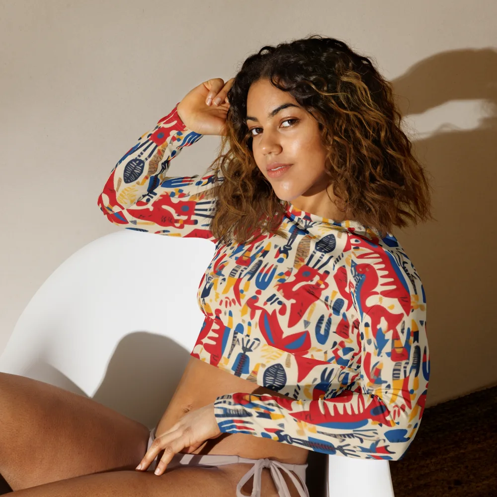 Red Tide Menagerie on Long Sleeve Crop Top — Left Front