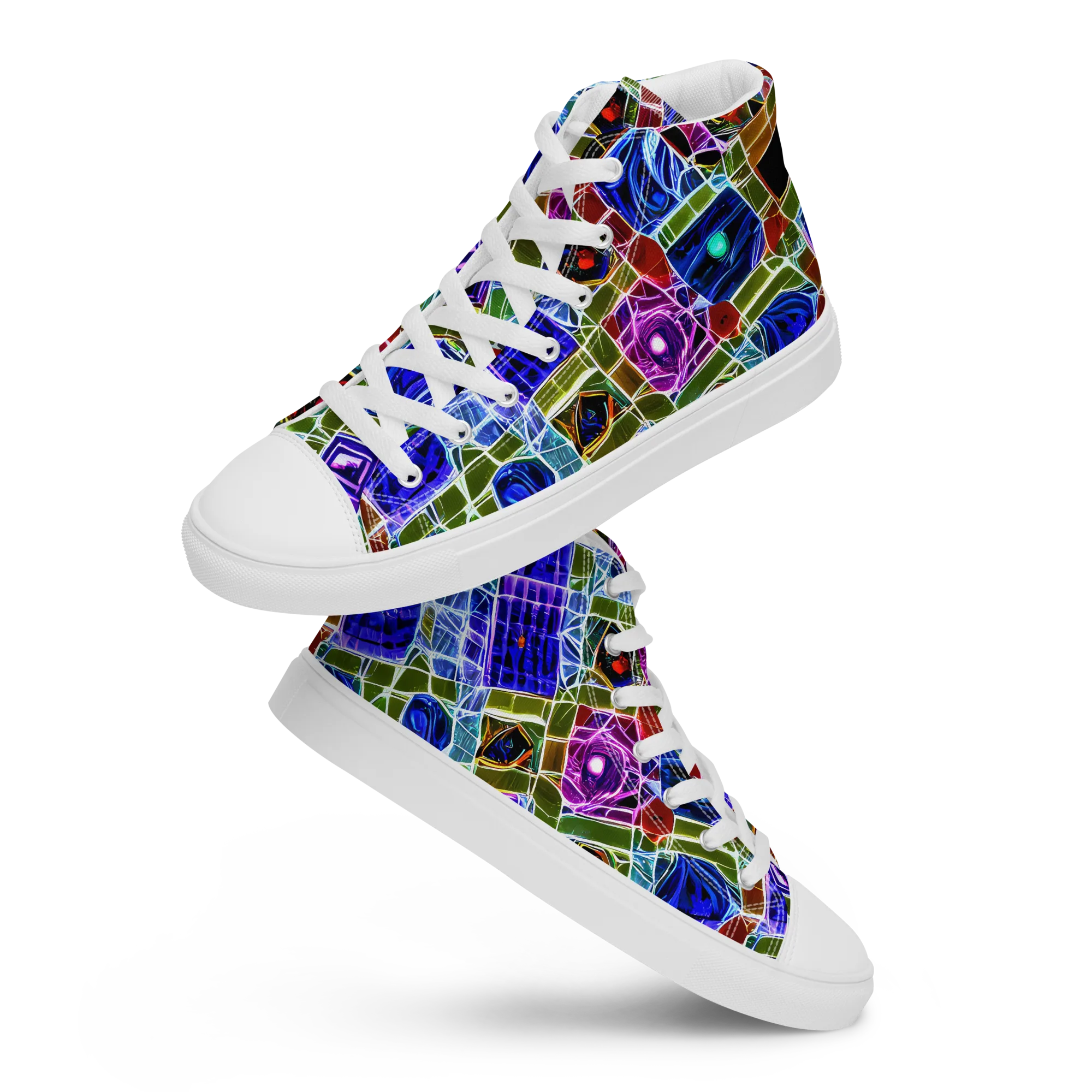 Neon Shardwork on Men's High Top Canvas Shoes — Front