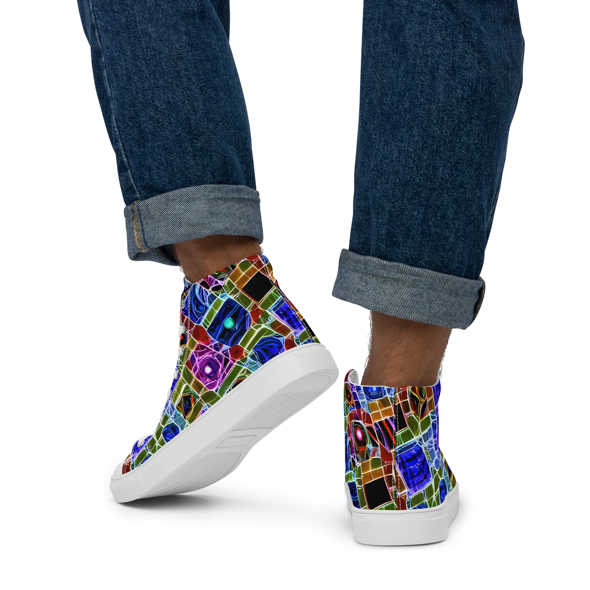Neon Shardwork on Men's High Top Canvas Shoes — Back