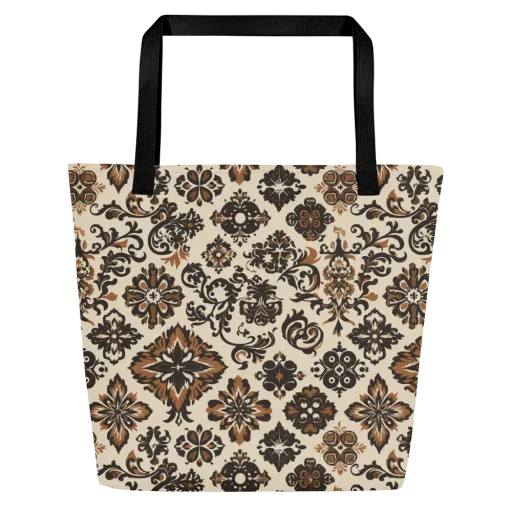 Cinnamon Damask on a Large Tote Bag W/ Pocket