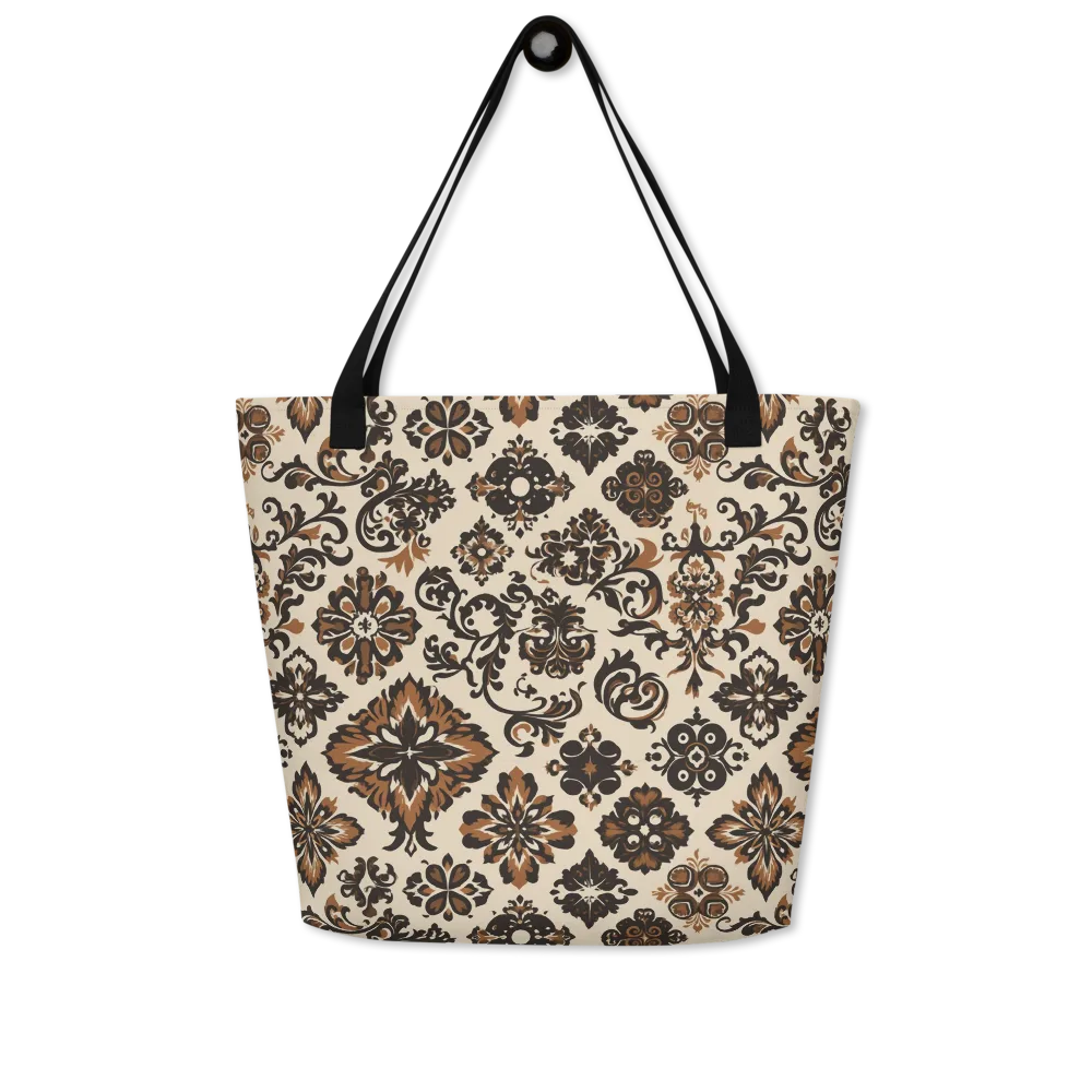 Cinnamon Damask on Large Tote Bag W/ Pocket — Front