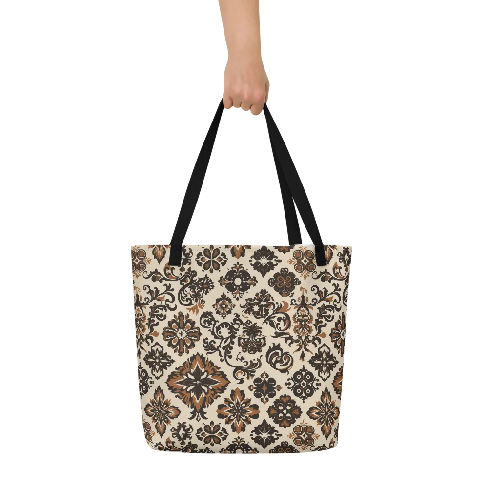 Cinnamon Damask on Large Tote Bag W/ Pocket — Front