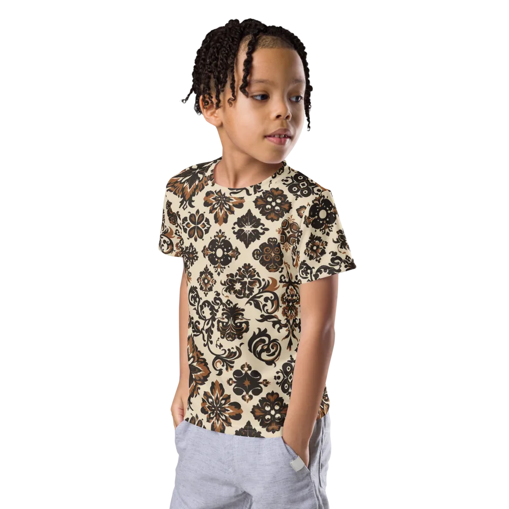 Cinnamon Damask on Kids Crew Neck T-Shirt — Left Front
