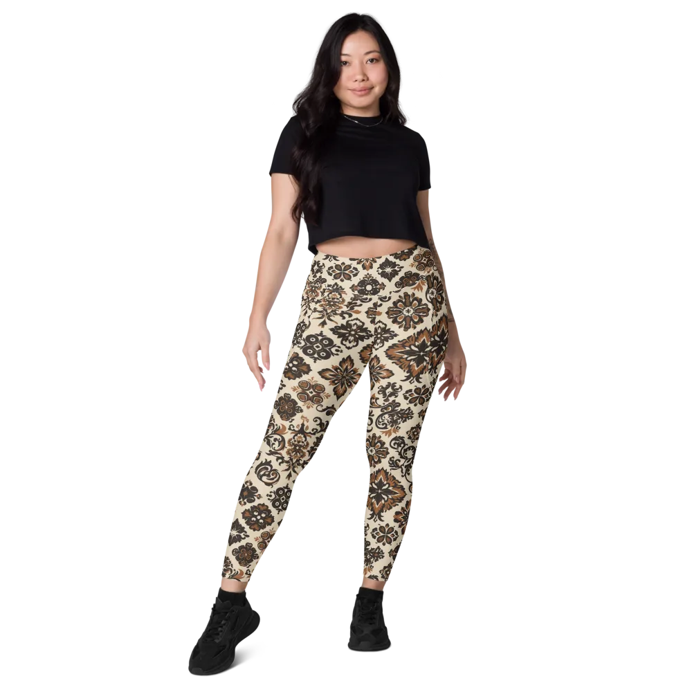 Cinnamon Damask on Leggings with Pockets — Front