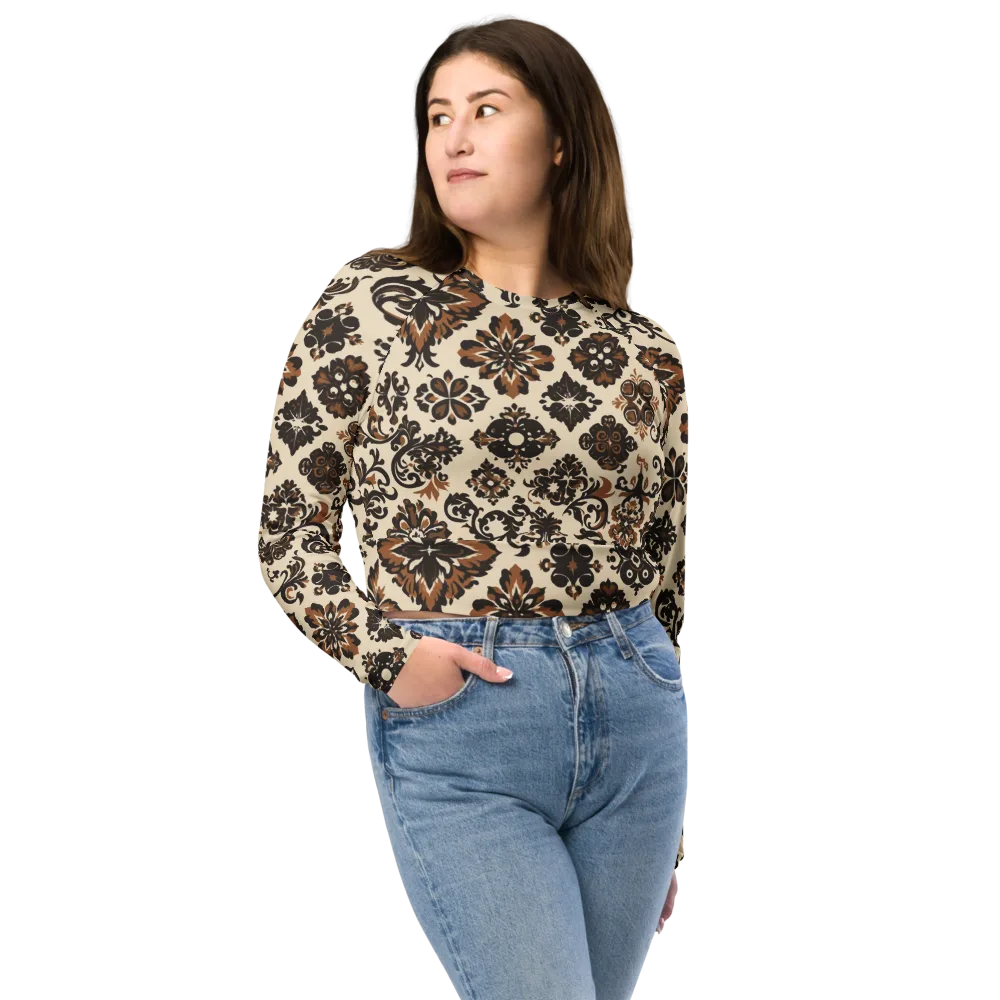 Cinnamon Damask on Long Sleeve Crop Top — Front