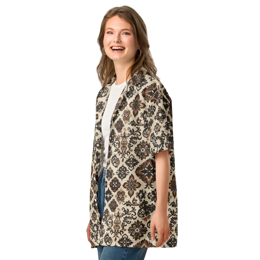 Cinnamon Damask on Button Shirt — Left Front