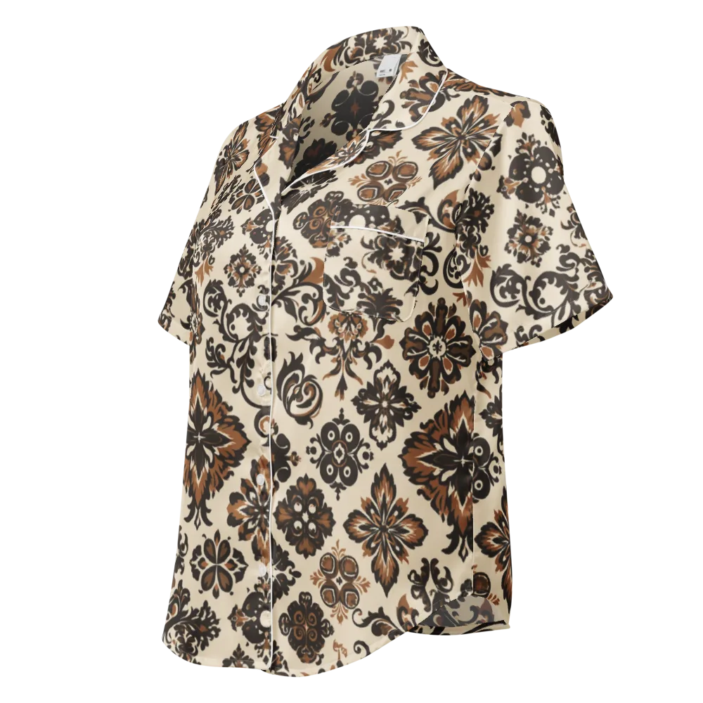 Cinnamon Damask on Women's Short Sleeve Pajama Top — Left Front
