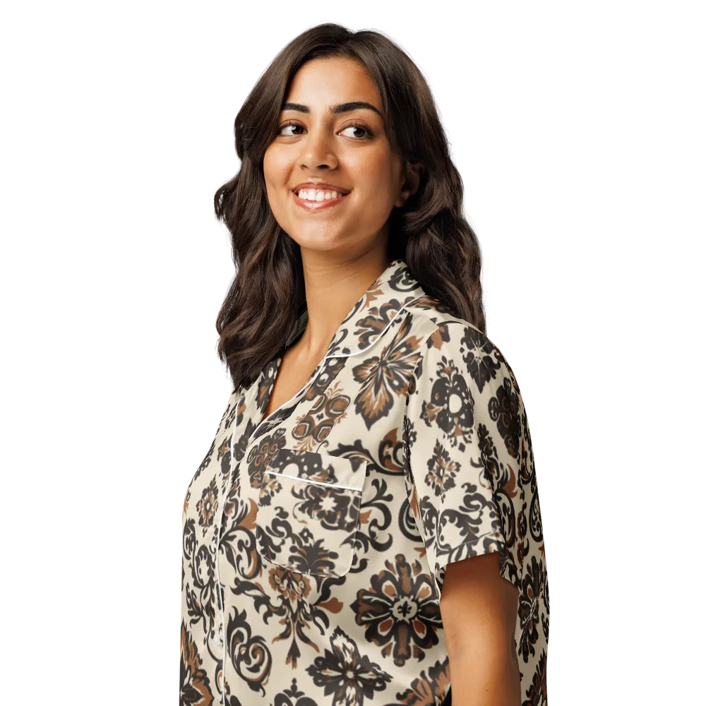 Cinnamon Damask on Women's Short Sleeve Pajama Top — Left Front