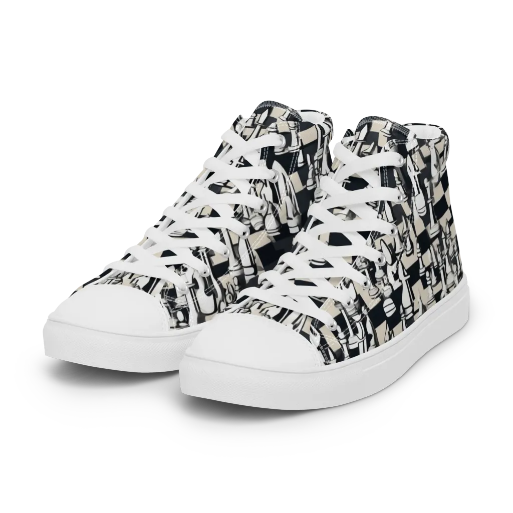 Midnight Checkmate on Women's High Top Canvas Shoes — Left Front