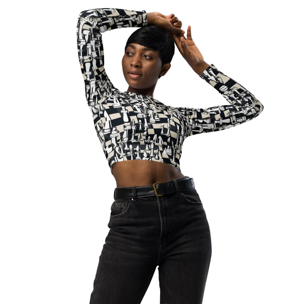Midnight Checkmate on Long Sleeve Crop Top — Front
