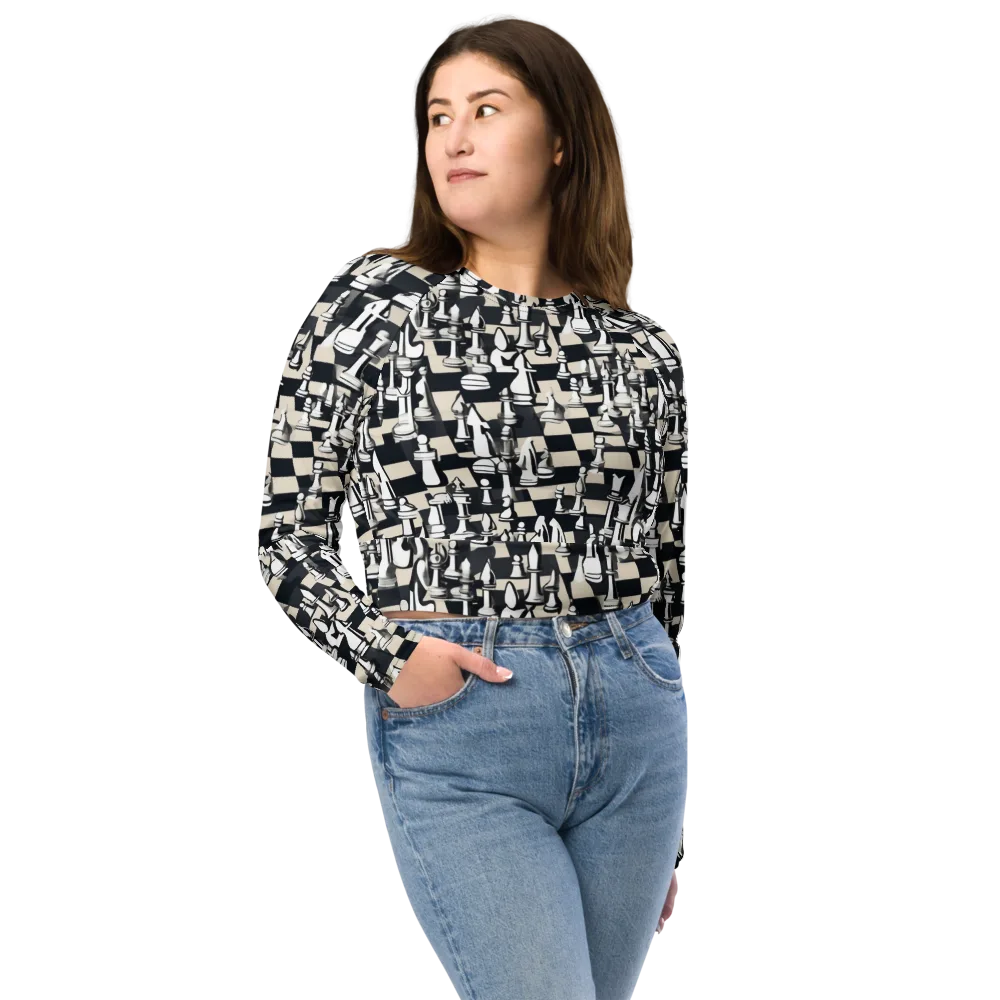 Midnight Checkmate on Long Sleeve Crop Top — Front