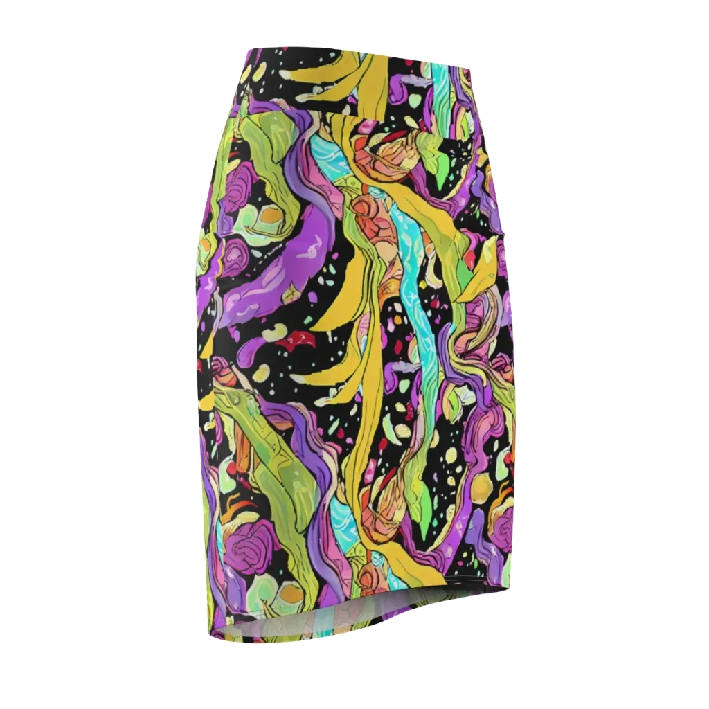 Neon Petal Riot on Pencil Skirt — Front Side