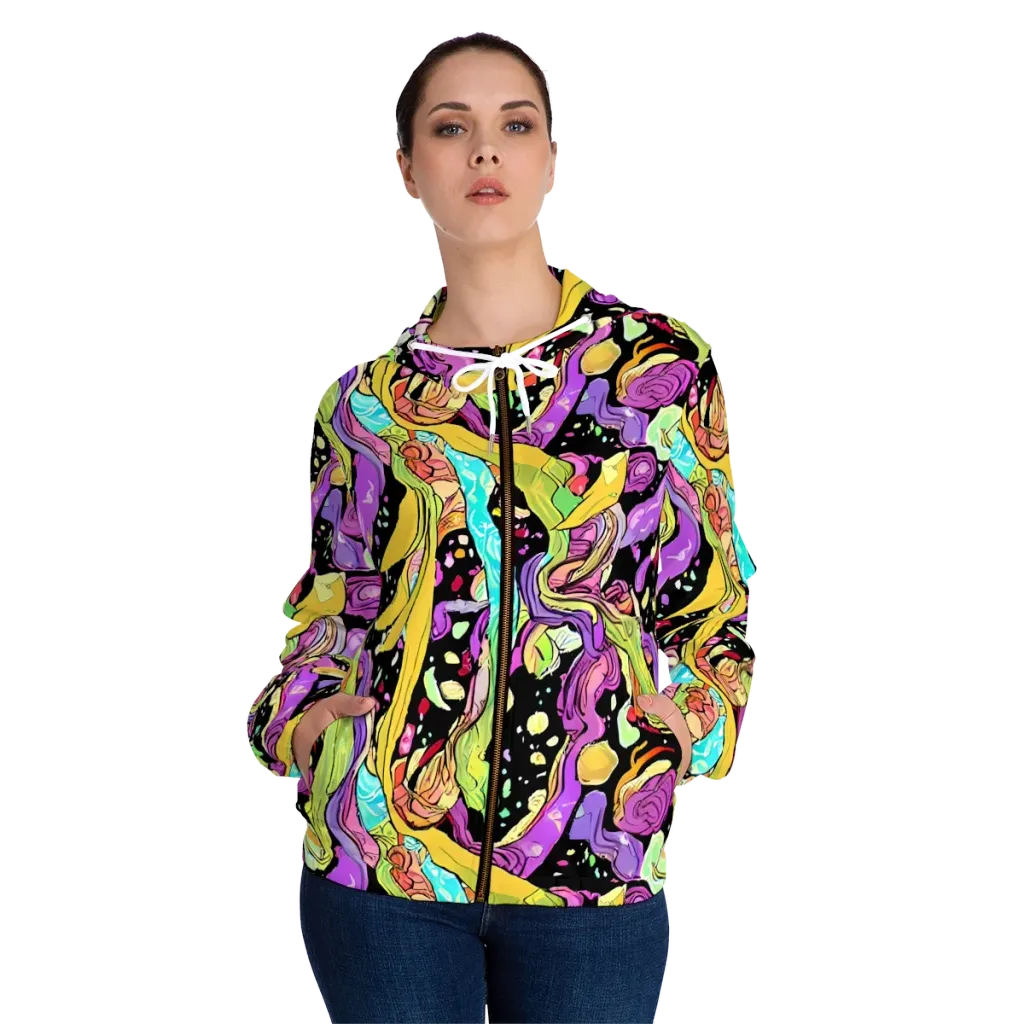 Neon Petal Riot on Women's Full-Zip Hoodie — Front On Person