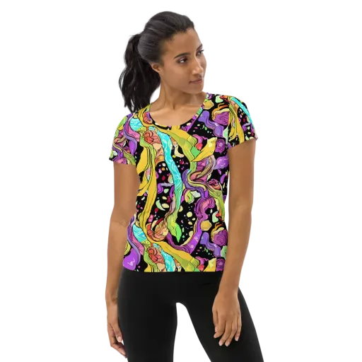 Neon Petal Riot on a Women's Athletic T-Shirt
