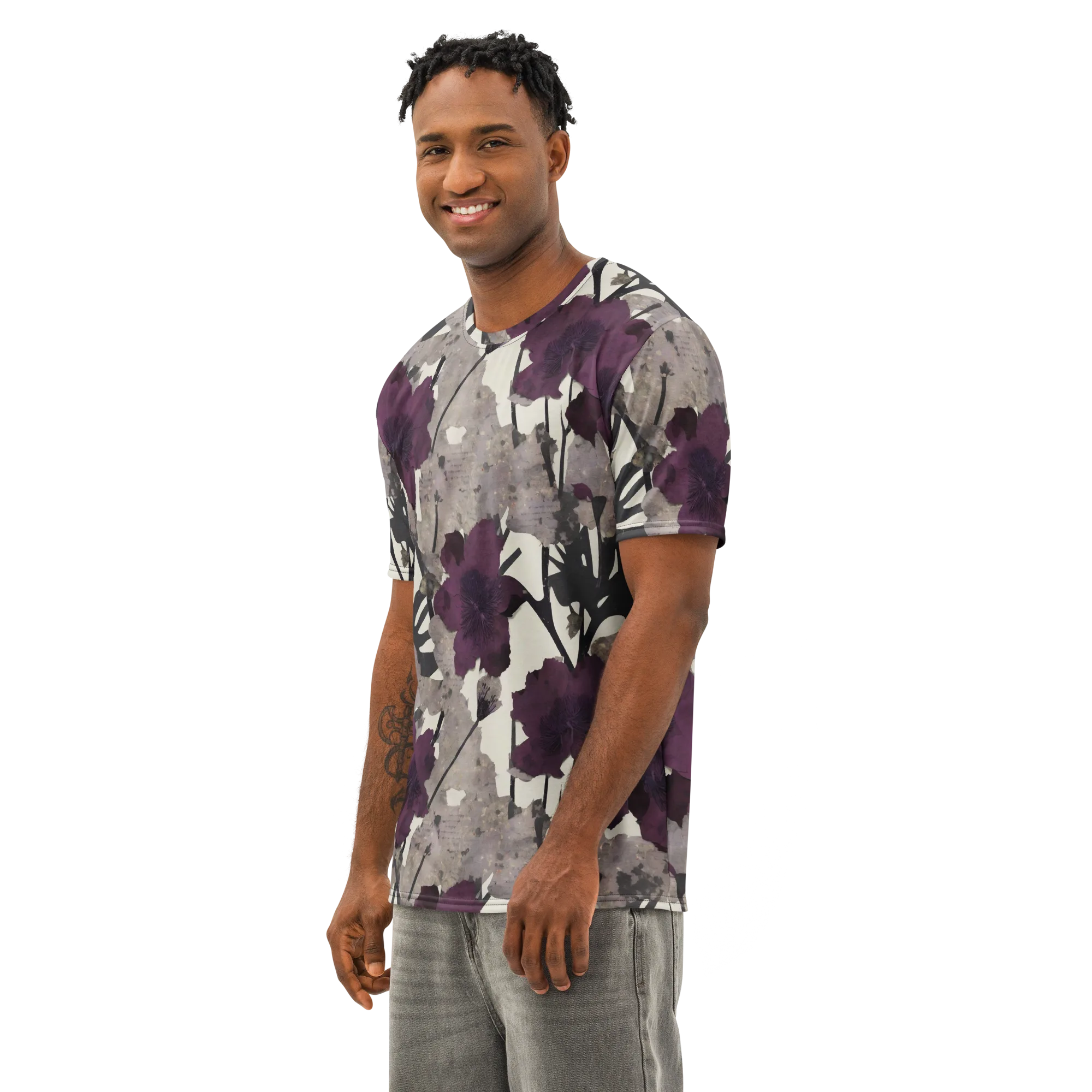 Midnight Clematis on Men's Cotton Crew Neck T-Shirt — Left Front