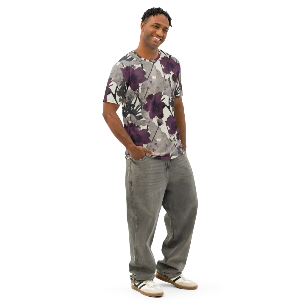 Midnight Clematis on Men's Cotton Crew Neck T-Shirt — Right Front