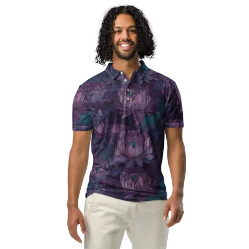 Indigo Bloomscape on a Men's Slim Fit Polo Shirt