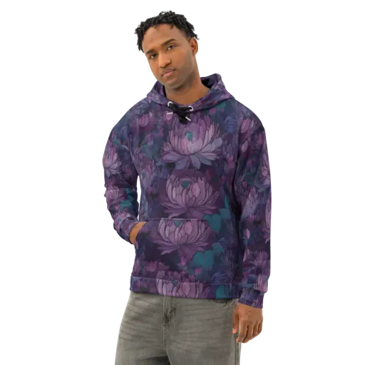 Indigo Bloomscape on a Cotton Hoodie