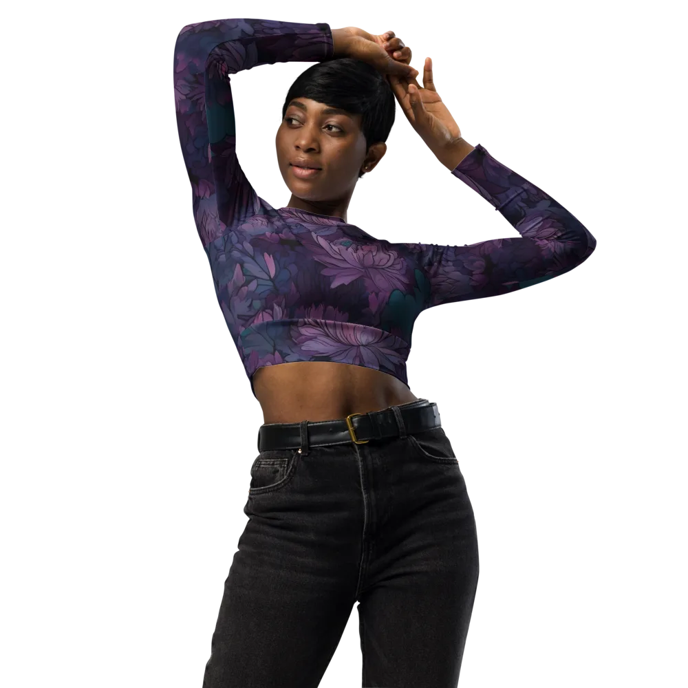 Indigo Bloomscape on Long Sleeve Crop Top — Front