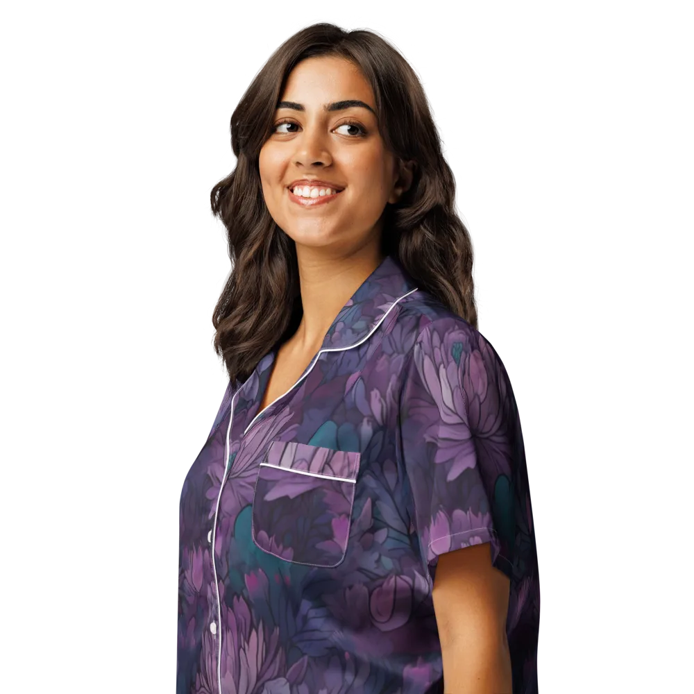 Indigo Bloomscape on Women's Short Sleeve Pajama Top — Left Front