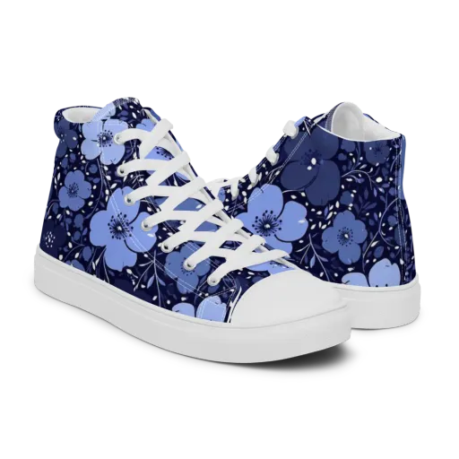 Midnight Blue Blossom on Men's High Top Canvas Shoes