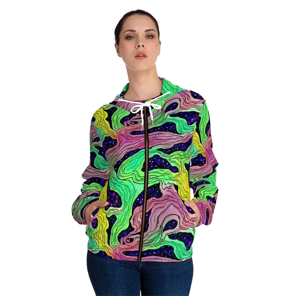 Psychedelic Tides on Women's Full-Zip Hoodie — Front On Person