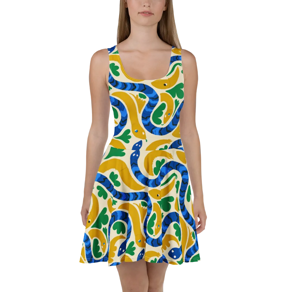 Saffron Serpent Garden on Skater Dress — Front