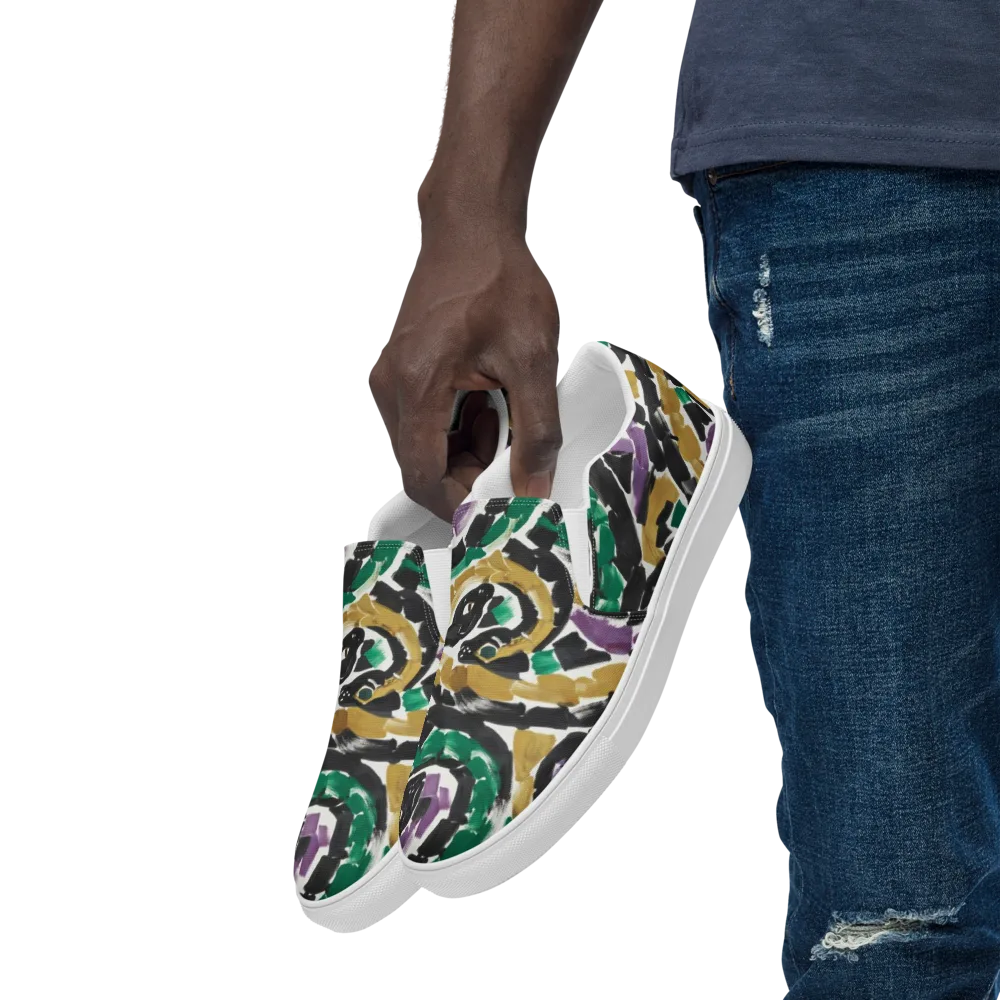 Emerald Ink Cats on Men's Slip-On Canvas Shoes — Left Front