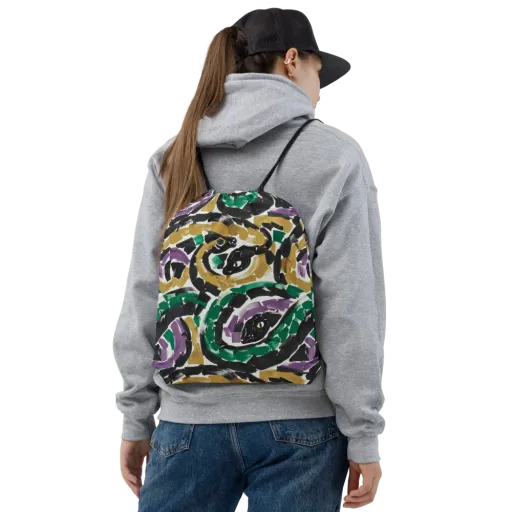 Emerald Ink Cats on a Drawstring Bag