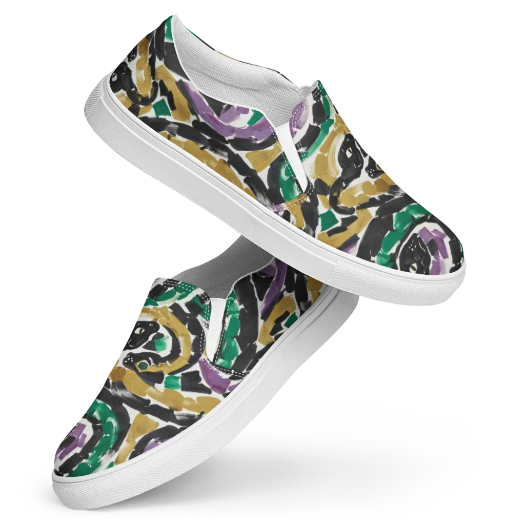 Emerald Ink Cats on Women's Slip-On Canvas Shoes — Front
