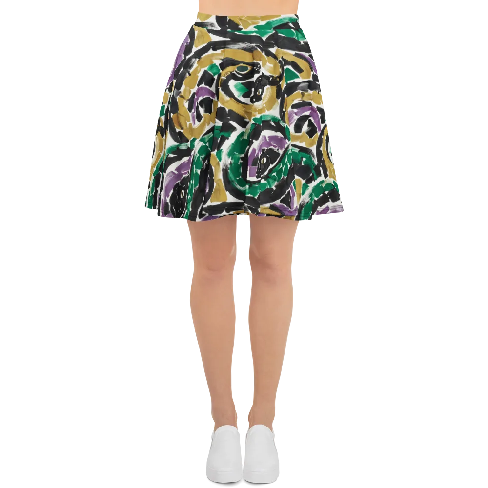 Emerald Ink Cats on Skater Skirt — Front
