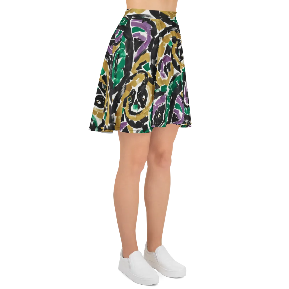 Emerald Ink Cats on Skater Skirt — Right