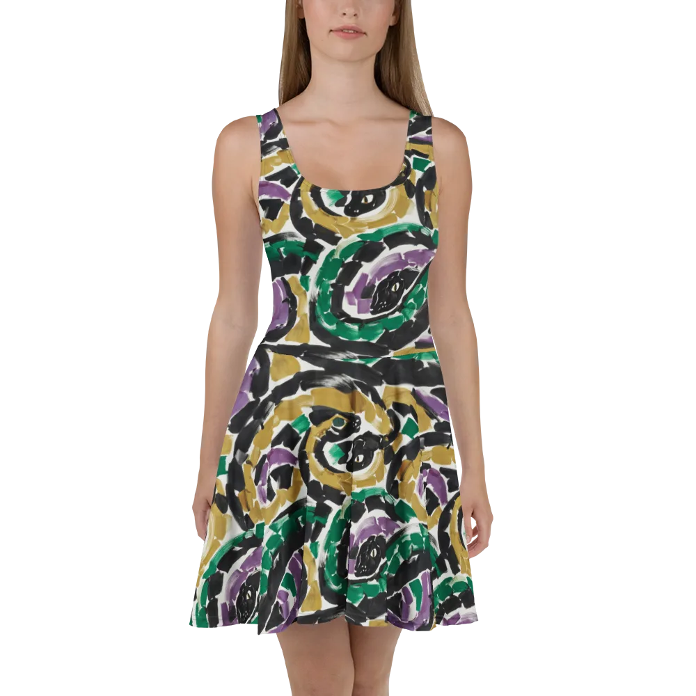 Emerald Ink Cats on Skater Dress — Front