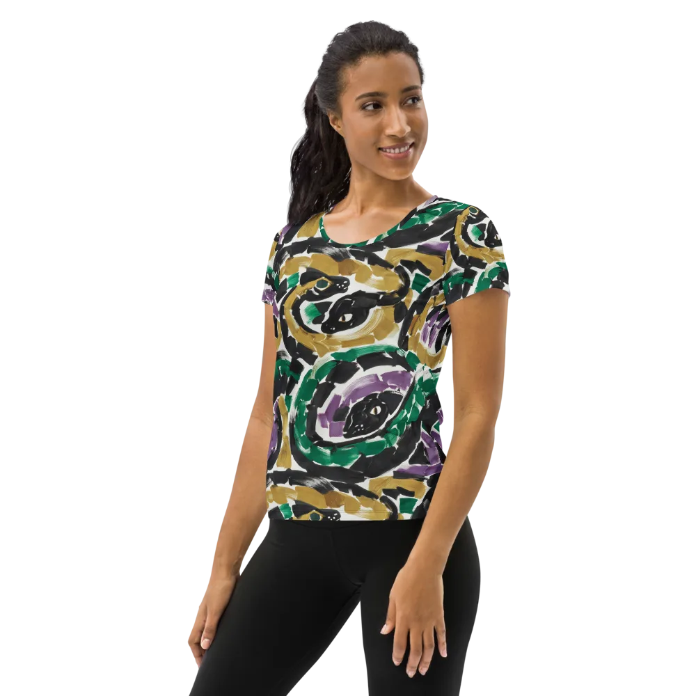 Emerald Ink Cats on Women's Athletic T-Shirt — Left