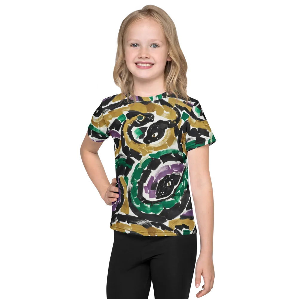 Emerald Ink Cats on Kids Crew Neck T-Shirt — Front