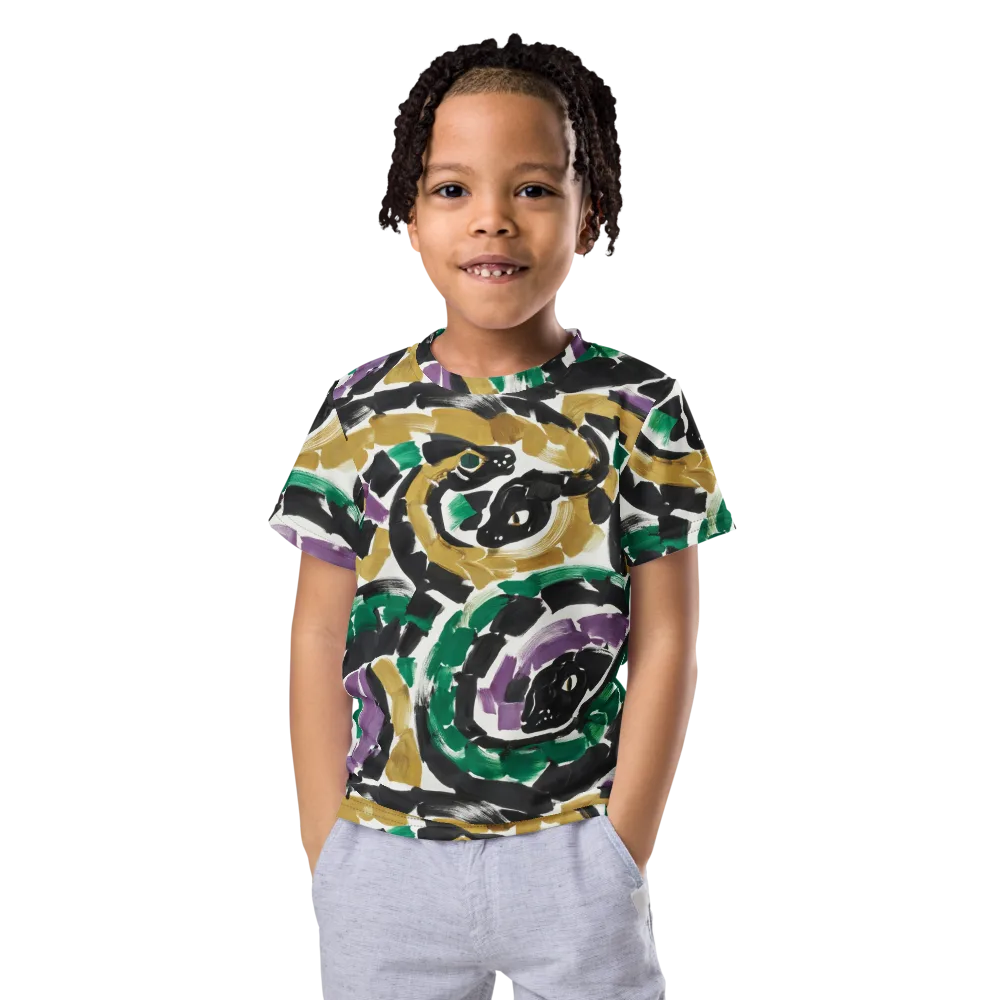Emerald Ink Cats on Kids Crew Neck T-Shirt — Front