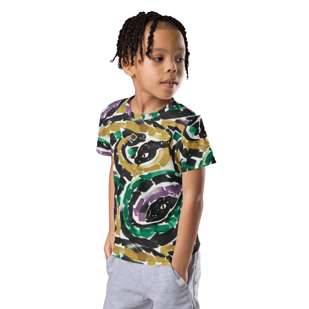 Emerald Ink Cats on Kids Crew Neck T-Shirt — Left Front