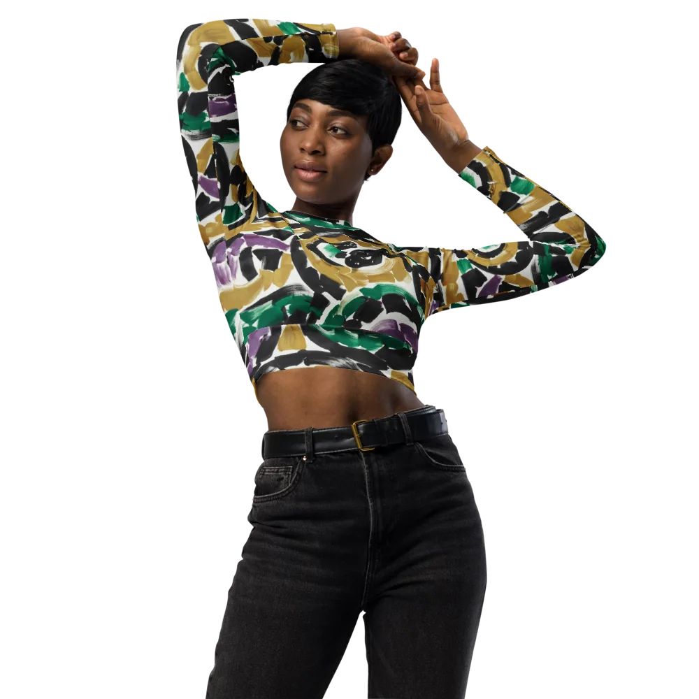 Emerald Ink Cats on Long Sleeve Crop Top — Front