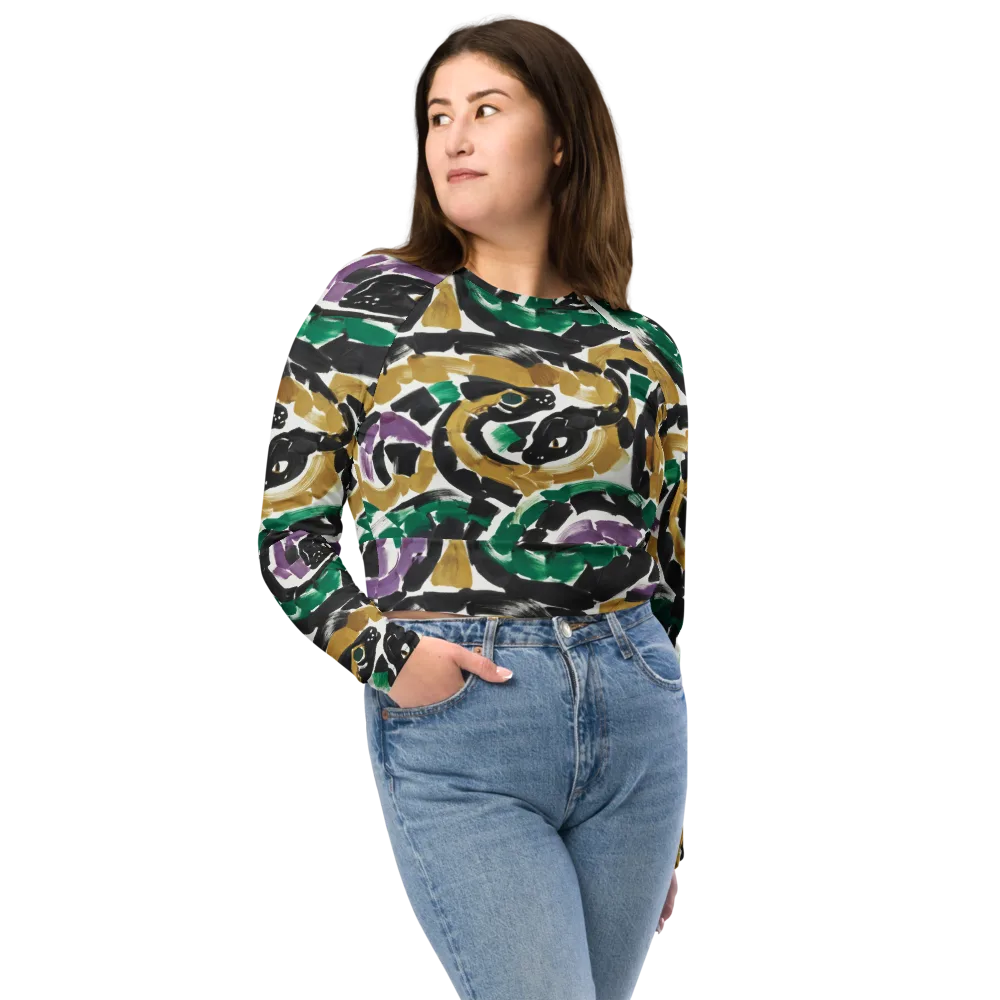 Emerald Ink Cats on Long Sleeve Crop Top — Front