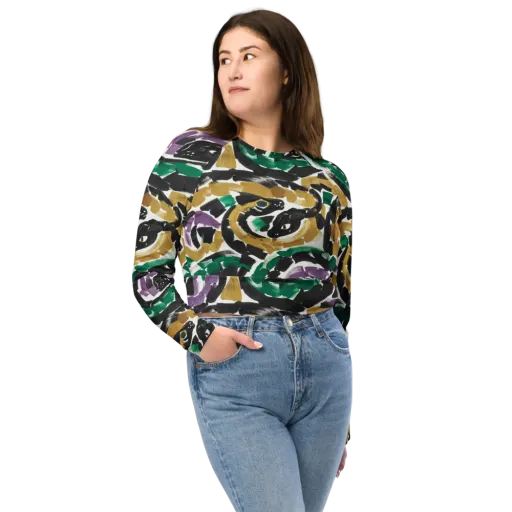Emerald Ink Cats on a Long Sleeve Crop Top