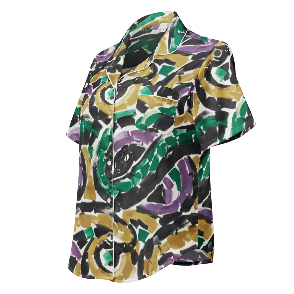 Emerald Ink Cats on Women's Short Sleeve Pajama Top — Left Front