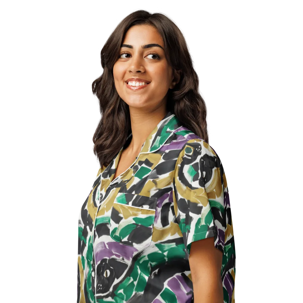 Emerald Ink Cats on Women's Short Sleeve Pajama Top — Left Front