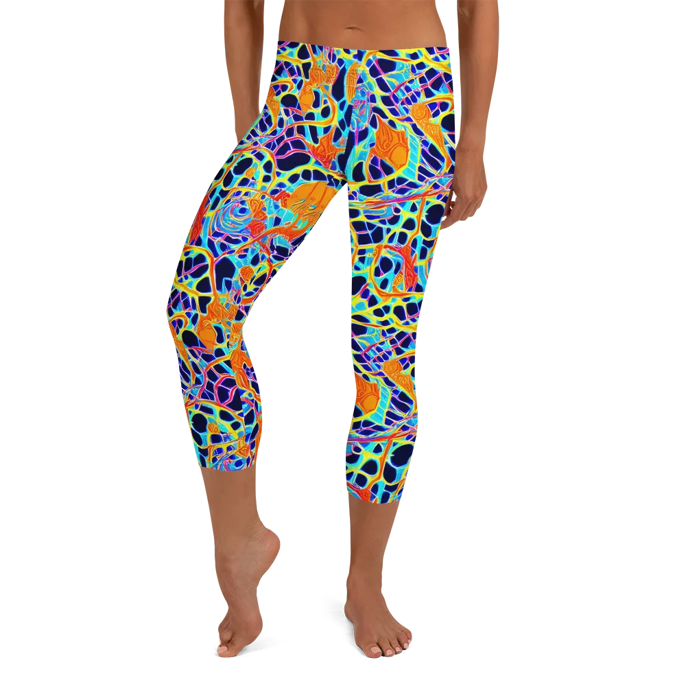 Neon Coral Circuit on Capri Leggings — Front