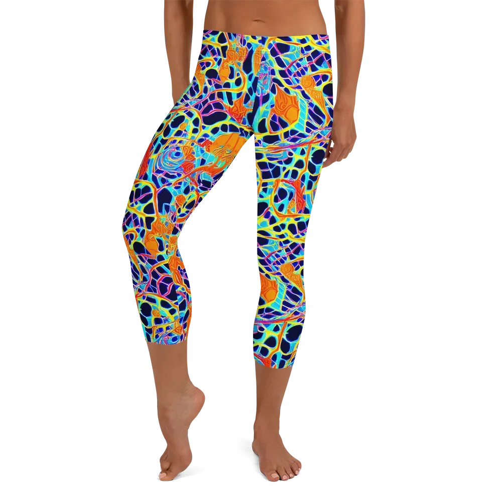 Neon Coral Circuit on Capri Leggings — Front